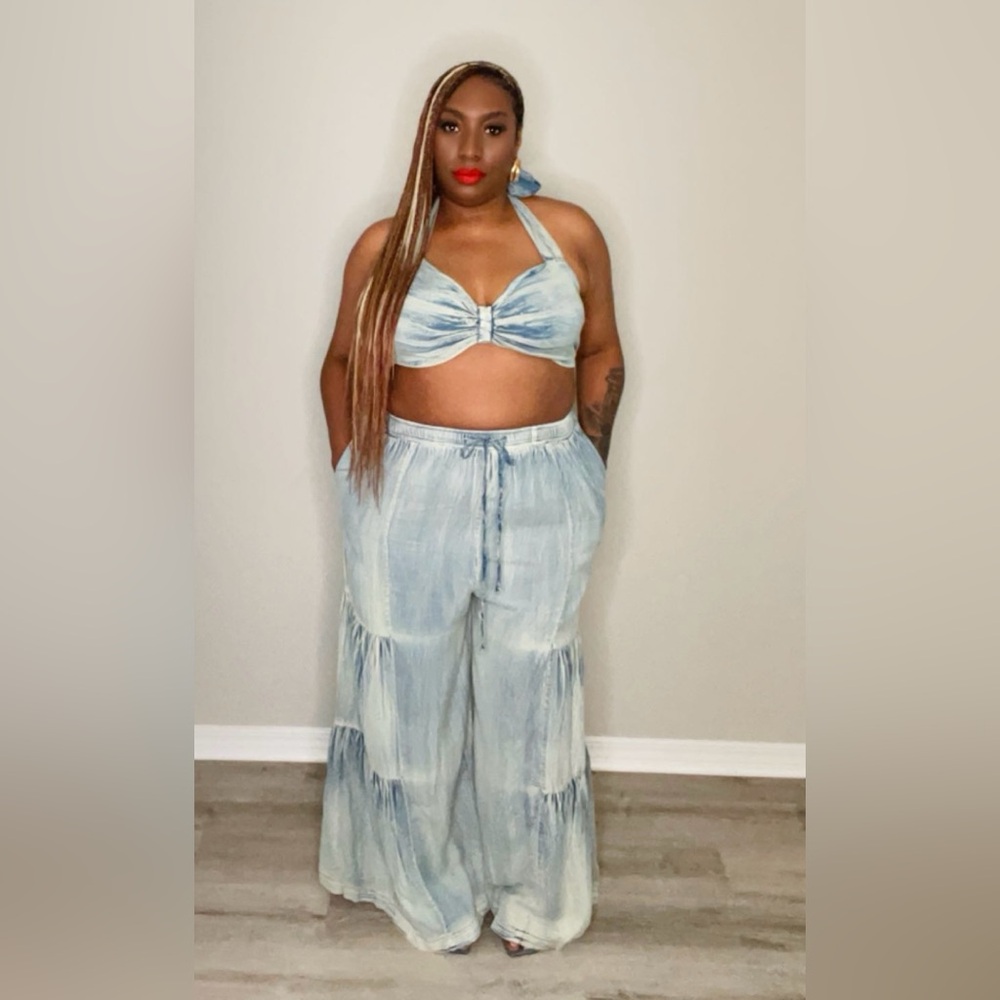 Sexy Wide Leg Halter Top Denim Set - Plus